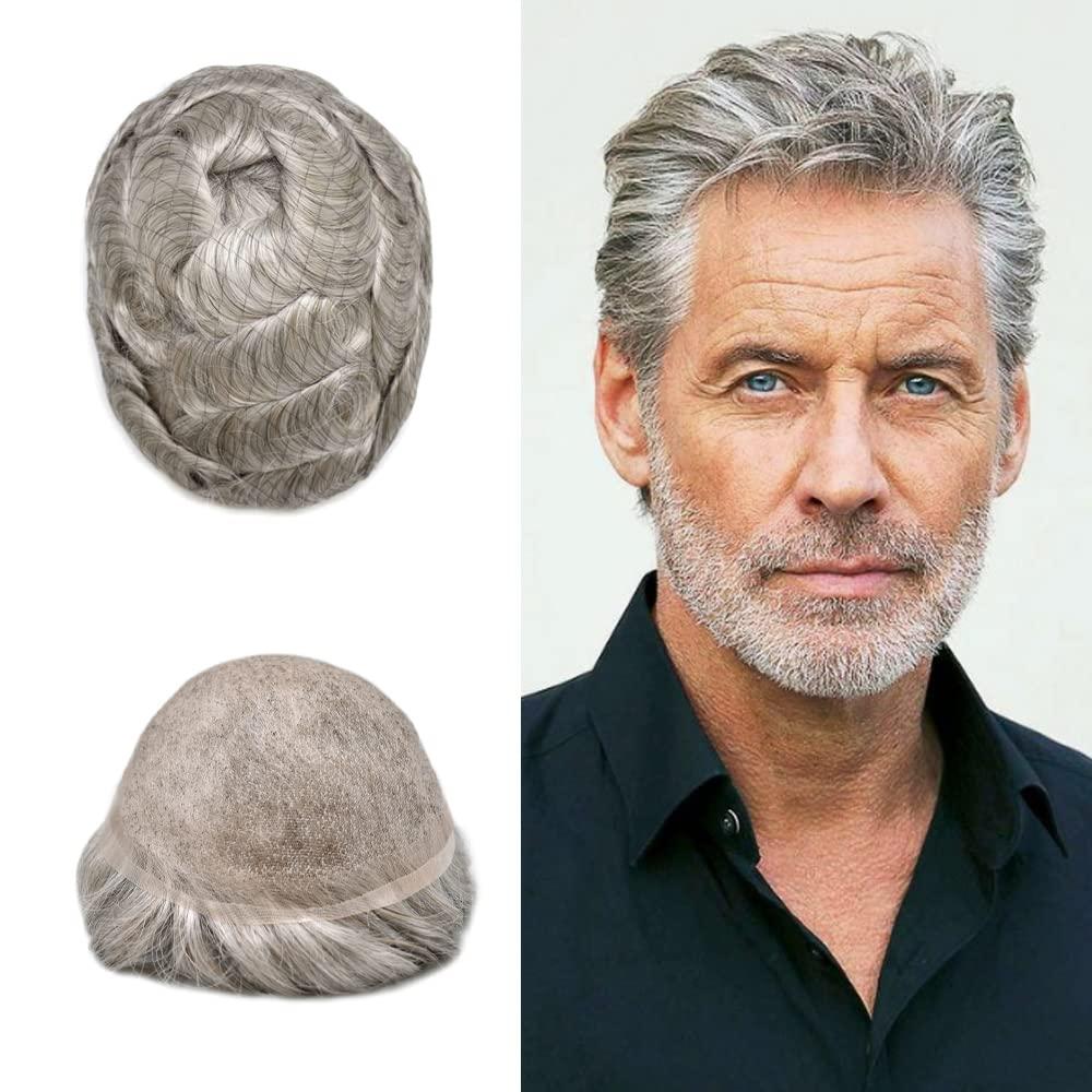 Generic Toupee for Men Human Hair Replacement Systems Full French Lace Mens Toupee Hairpieces Bleached Knots Swiss lace Hair Systems for Men All Lace Male Wig Unit(7X9\"-120% density#550 Medium Light Brown with 50% Gray )