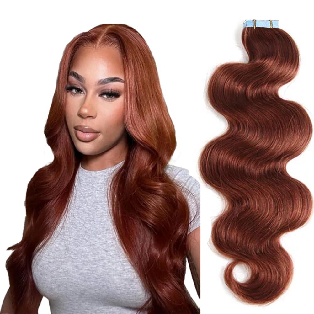 Kiss darling LASHES Body Wave on Hair Extensions Real Human Hair #33 Dark Auburn Human HairExtensions Long Wavy Invisible Double Sided Reusable PU Skin Weft 100g/40pcs Full Head 26inch