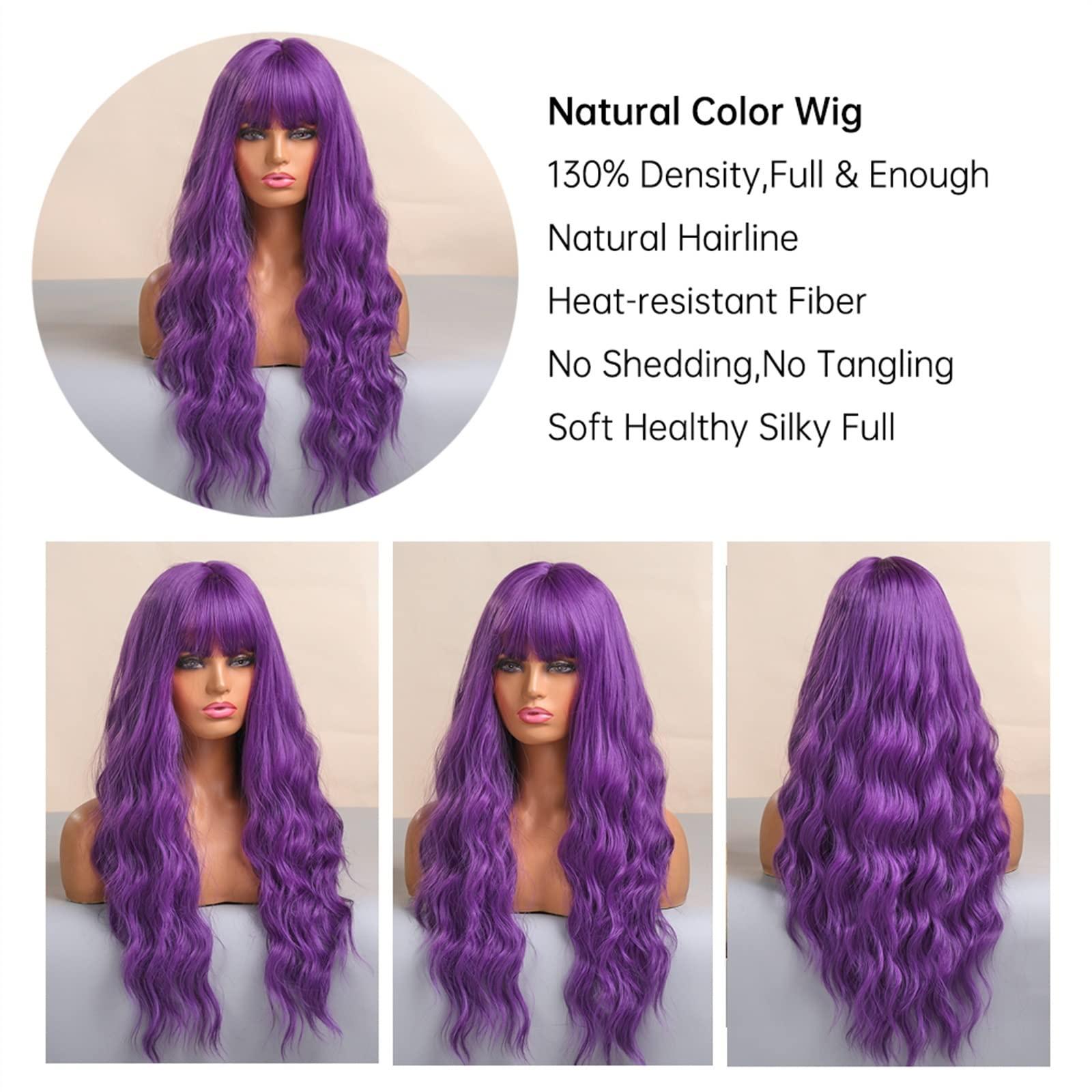 mengli-99 mengli-99 Wigs for Women Dark Purple Synthetic Wig with Bangs for Women, Super Long Body Wavey Hair Wigs Soft Breathable Heat Resistent Fiber Wigs for Daily Cosplay Party Wig for Daily Party Use
