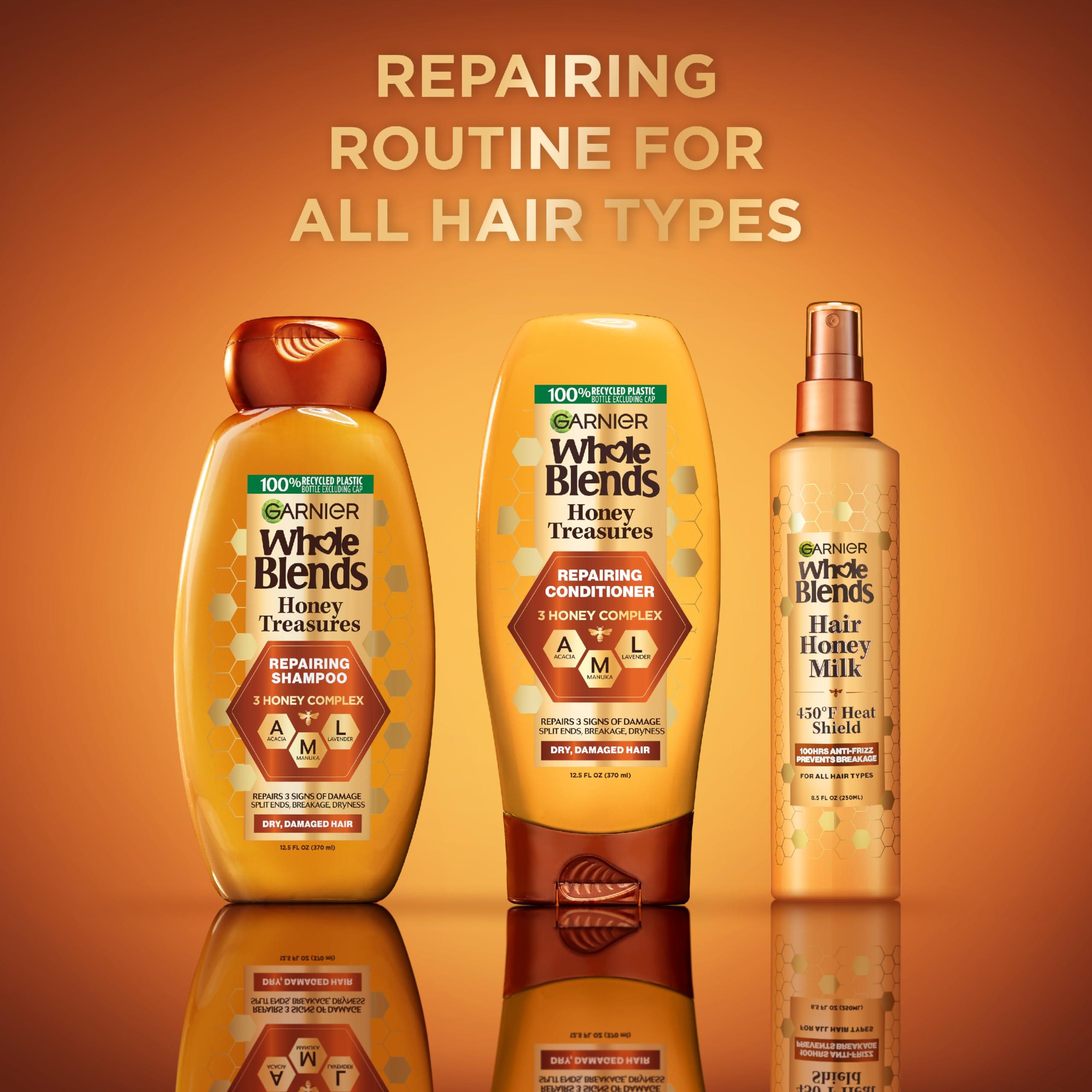 Garnier Garnier Whole Blends Honey Treasures Repairing Shampoo (22 Fl Oz), Conditioner (22 Fl Oz) + Hair Honey Milk 450F Heat Protectant Spray (2 Count) (8.5 Fl Oz) (4 Items), Bundle (Packaging May Vary)
