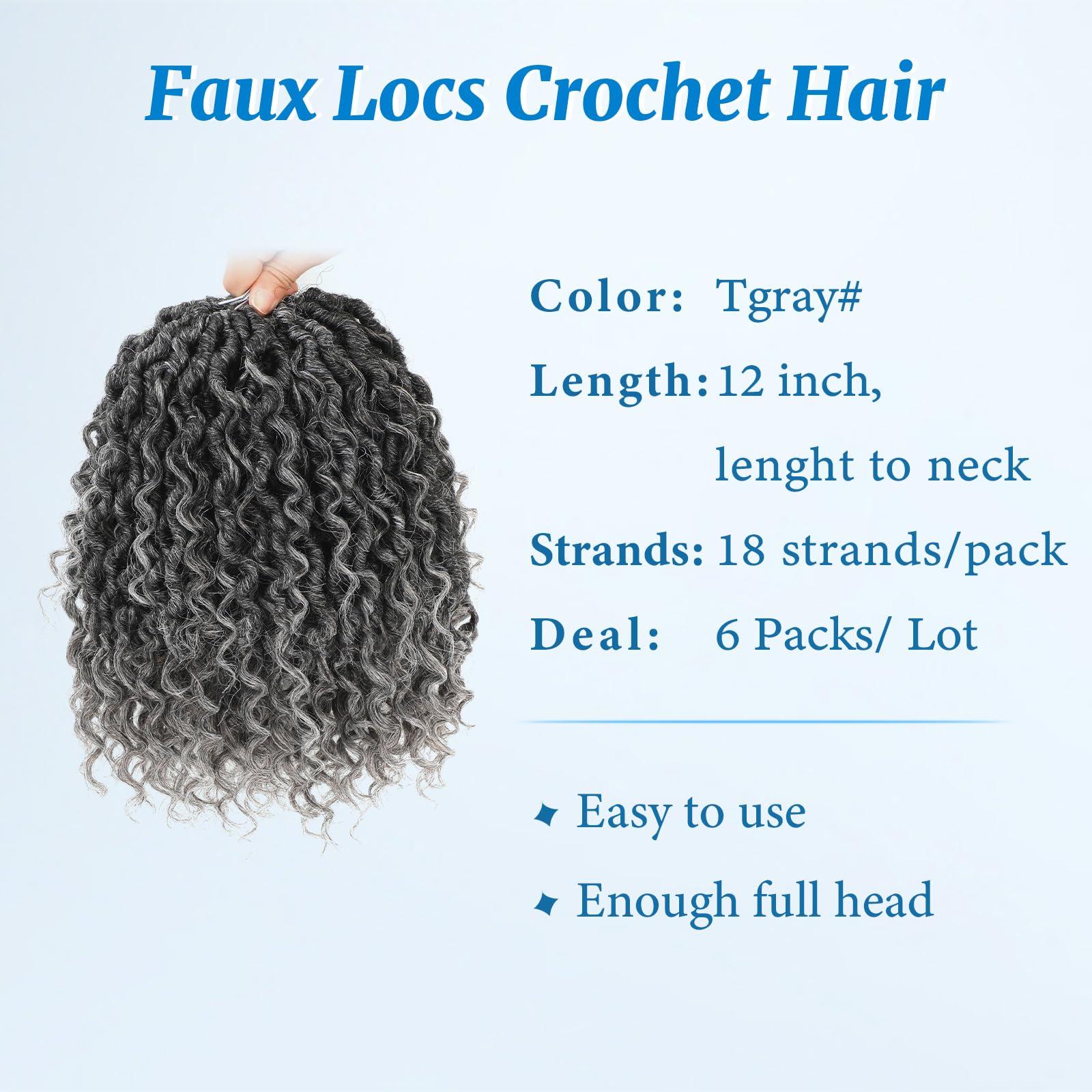 Forevery Forevery Faux Locs Crochet Hair 12 Inch Goddess Locs Crochet Hair 6 Packs PreLooped Crochet Hair for Black Women Grey Crochet Locs with Curly Ends
