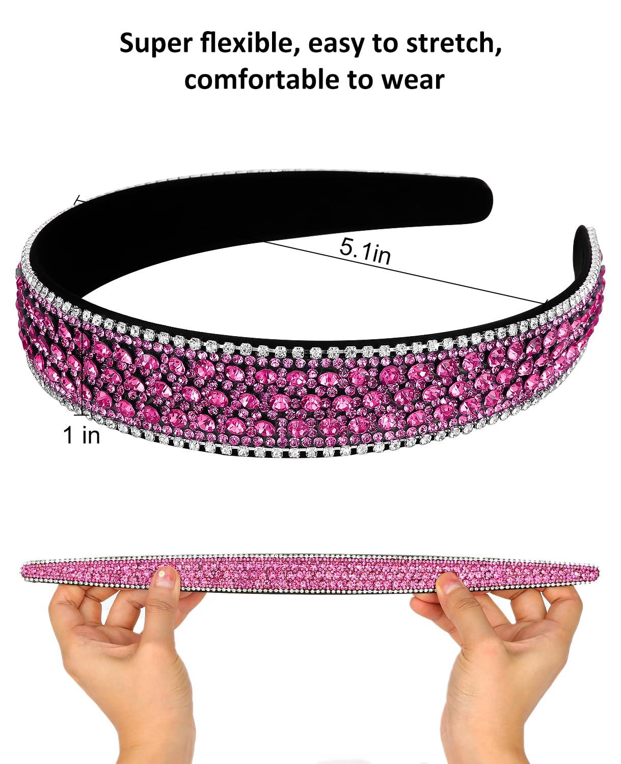 Wecoe Wecoe Hot Pink Rhinestone Headband - Bling Sparkly Crystal Diamond Thin Hair Band for Women, Girls, Holiday, Birthday Gift