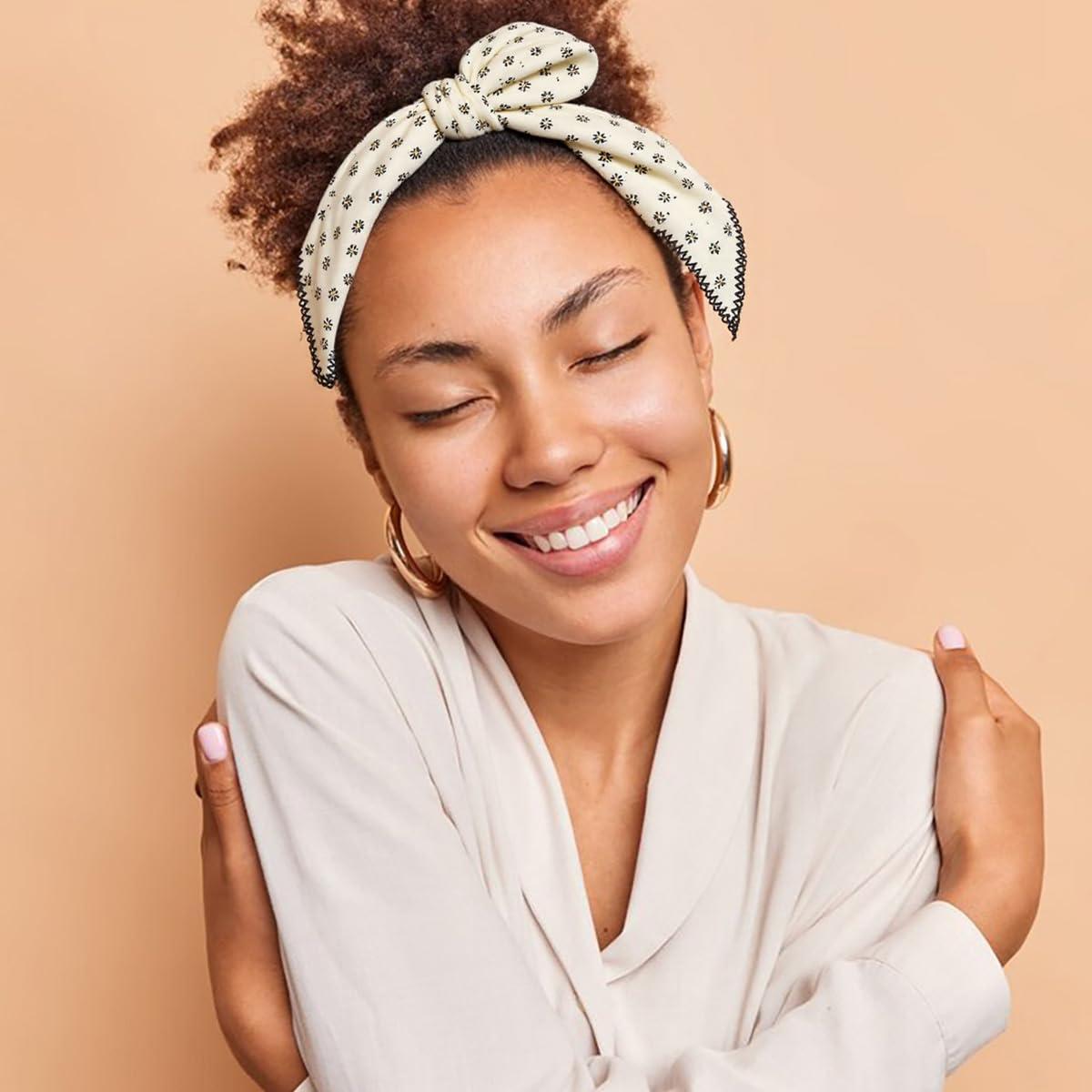 Pemilosci Pemilosci Large Cotton Bandana Headband, Head Wrap, Protective Coverage, Hair Neck Scarf for Women 28 x 28 inch (S32-Dot Floral - White