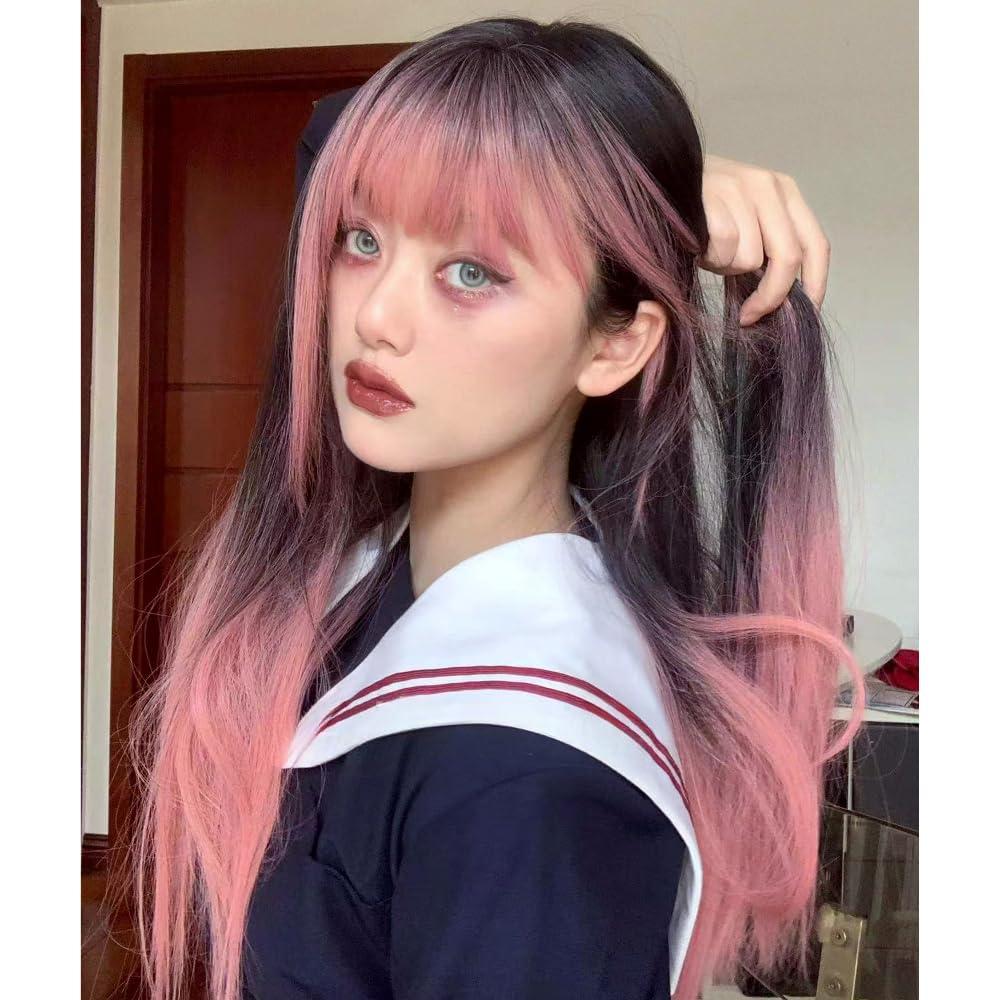 SCORRO SCORRO Hime Cut Split Dye Wig Long Straight Wig with Highlight Bangs, Black Gradient Red Wig, Pink and Black, Purple Black, Gothic Style Y2k Party Wig Lolita Daily Wigs (Pink and black)