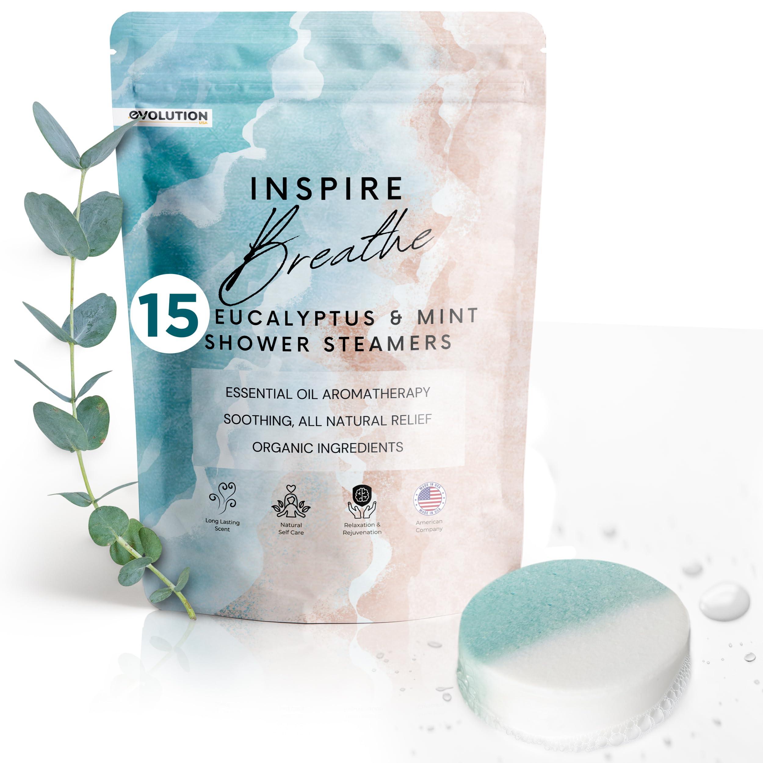 EvolutionUSA EvolutionUSA Inspire Breathe Shower Steamers Aromatherapy, 15 Mint & Eucalyptus Shower Steamers for Women, Vapor Shower Tablets