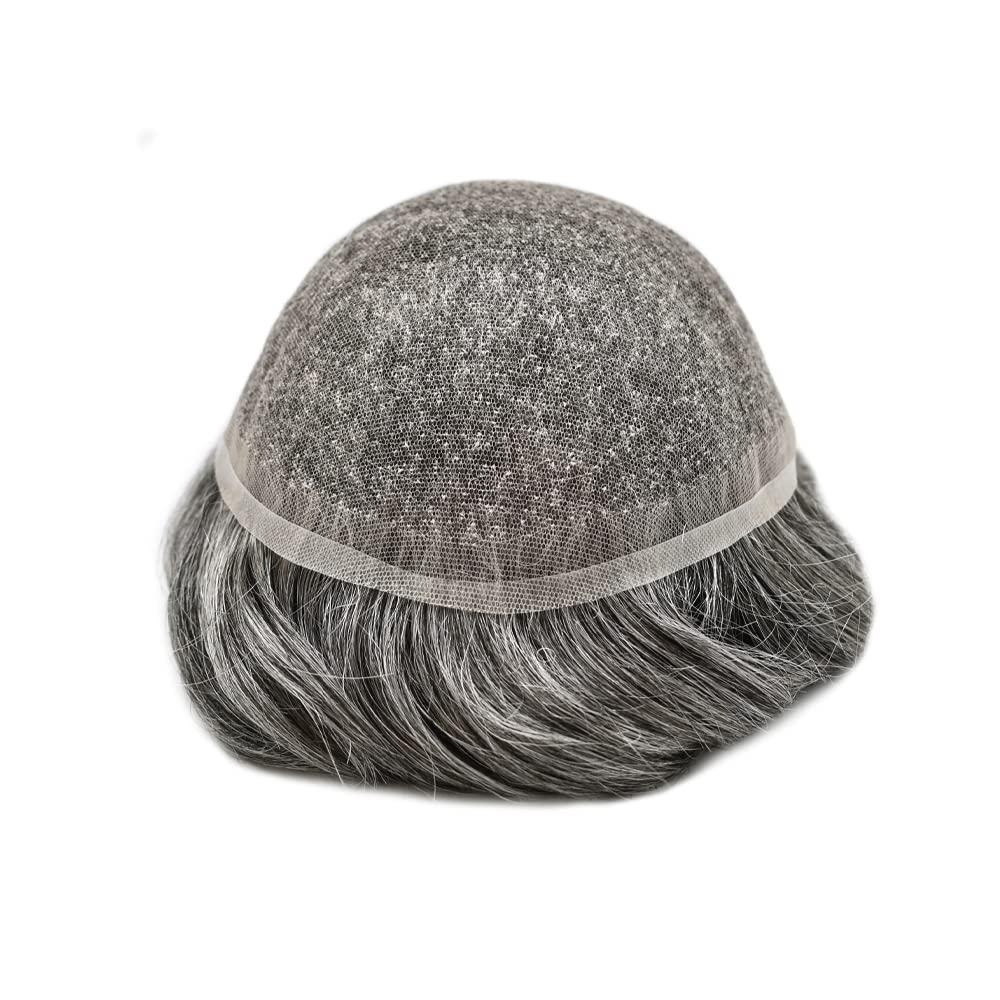 CURVE HAIR Toupee for Men Real Human Hair Breathable French Lace Hair System For Men Bleached Knots Men Hair Piece Natural Hairline Durable Men Hairpiece Mens Hair Replacement System (7\'\' X 9\'\', #1B OFF BLACK WITH 60% SYNTHETIC GREY-110% Light Medium To Med