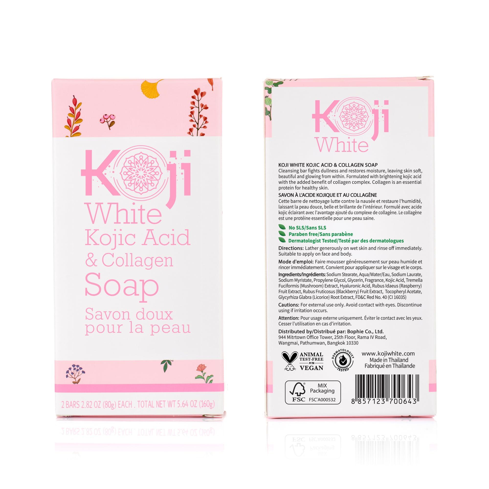 Koji White Koji White Kojic Acid & Collagen Skin Brightening Soap for Face & Natural Glowing Skin - Moisturizer, Body Cleansing Bar, Reduce the Appearance of Wrinkles, Vegan, Paraben-Free, 2.82 oz (2 Bars)