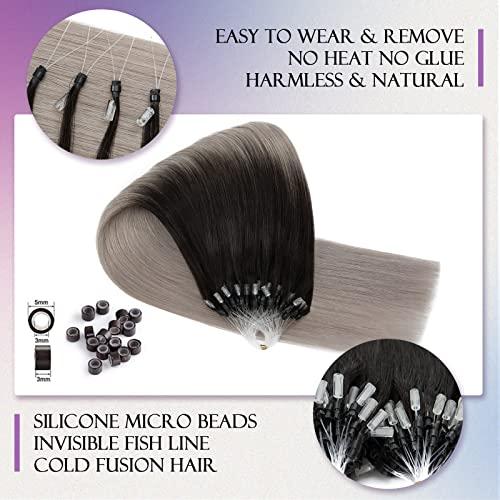 Hairro Hairro Microlink Human Hair Extensions Remy Ombre Micro Loop For Women Micro Bead In Hair Pre Bonded Cold Fusion Loop Hair 24 Inch 50g 50 Strands #1BTGREY Natural Black to Grey