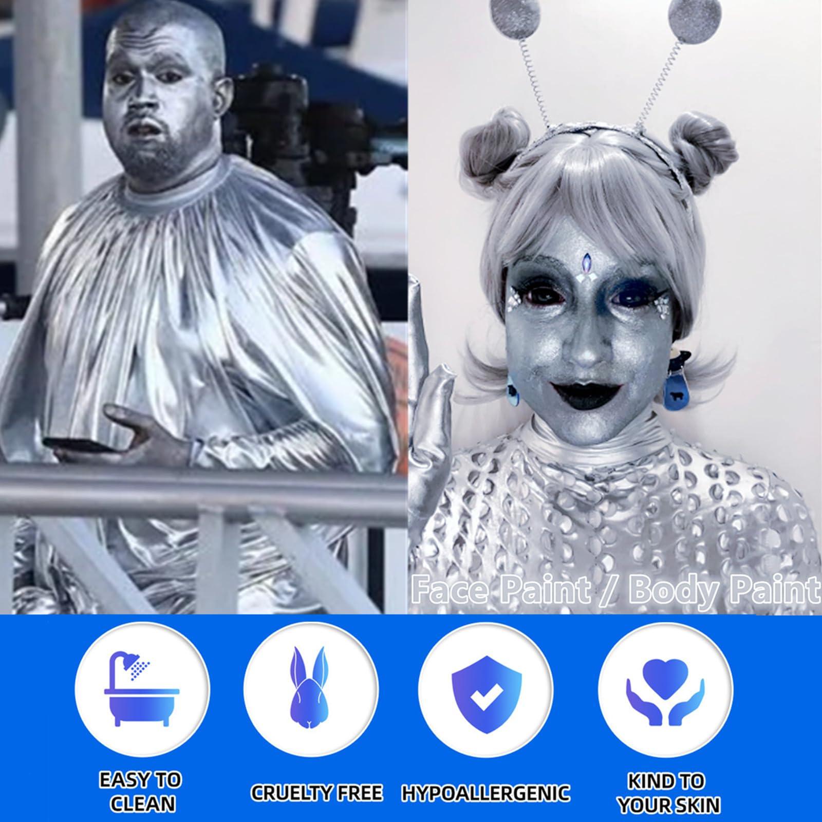 Go Ho Go Ho Metallic Silver Body Paint Washable(2.37 oz),Water Based Cream Silver Face Body Paint,Full Professional Silver Face Paint for Halloween Costumes Festivals Cosplay SFX Makeup