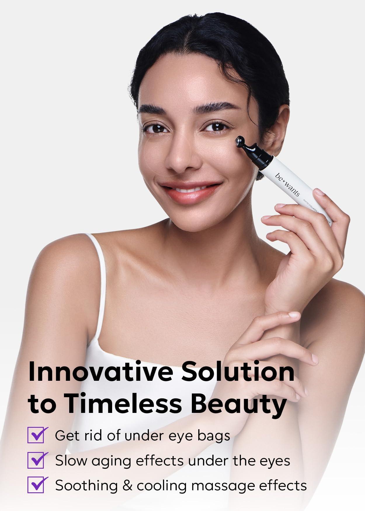 BE+WANTS Bewants Phyto Collagen Roll-On Eye Serum Stick with 61% bamboo water, 10% phytocollagen, refreshing under eye roll-on massage 2 pack, Ideal for Valentine\'s Day Gift