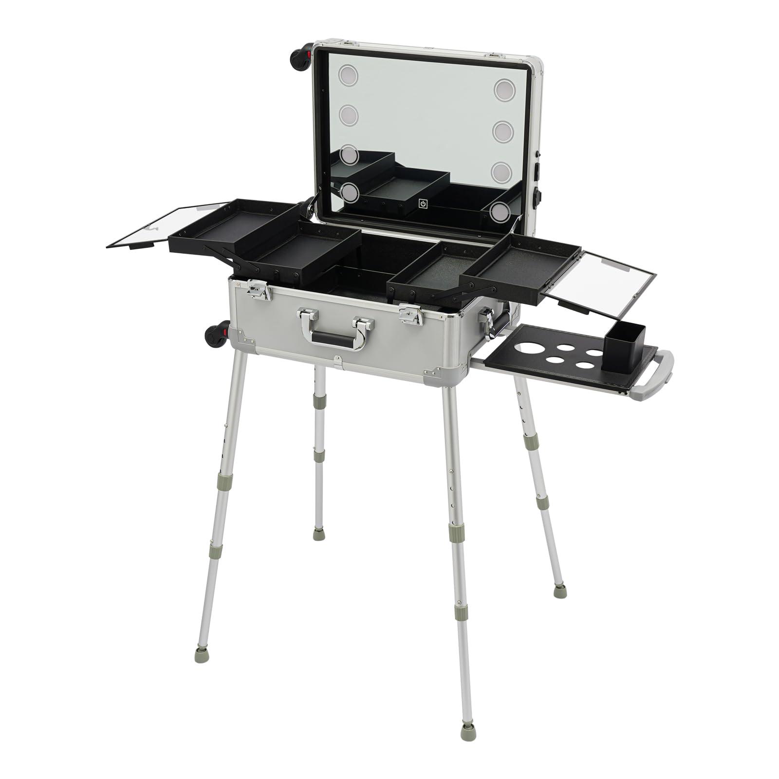 YIYIBYUS YIYIBYUS Aluminum Trolley Makeup Train Case with LED Light 21'' Rolling Cosmetic Organizer Make up Artist Free Standing Box with Stand Mirror Makeup Vanity Station (Silver)