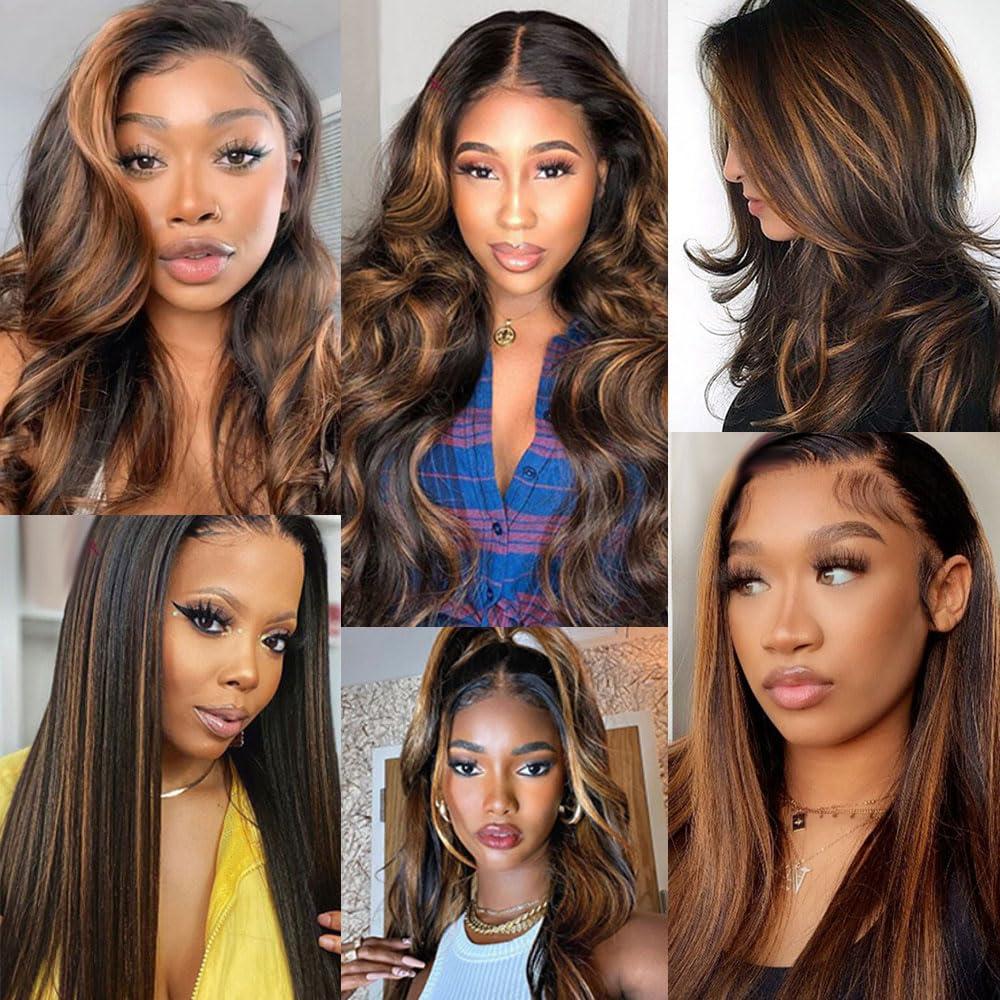 Seeuiegam P1B/30 Highlight Body Wave Bundles Brown Human Hair Bundle Real Brazilian Virgin Brown Body Wave 3 Bundles Two Tone Black and Brown Bundle Double Weft Hair Extensions 14 16 18 Inch