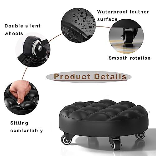 CRENEWY CRENEWY Low Roller Seat Short Stools with Wheel,360 Degree Rotating,PU Leather Low Rolling Stool Chair,Circulart Stool for Home, Office,Daily Party, Spa, Pedicure,Fitness Garage Shop(Black)
