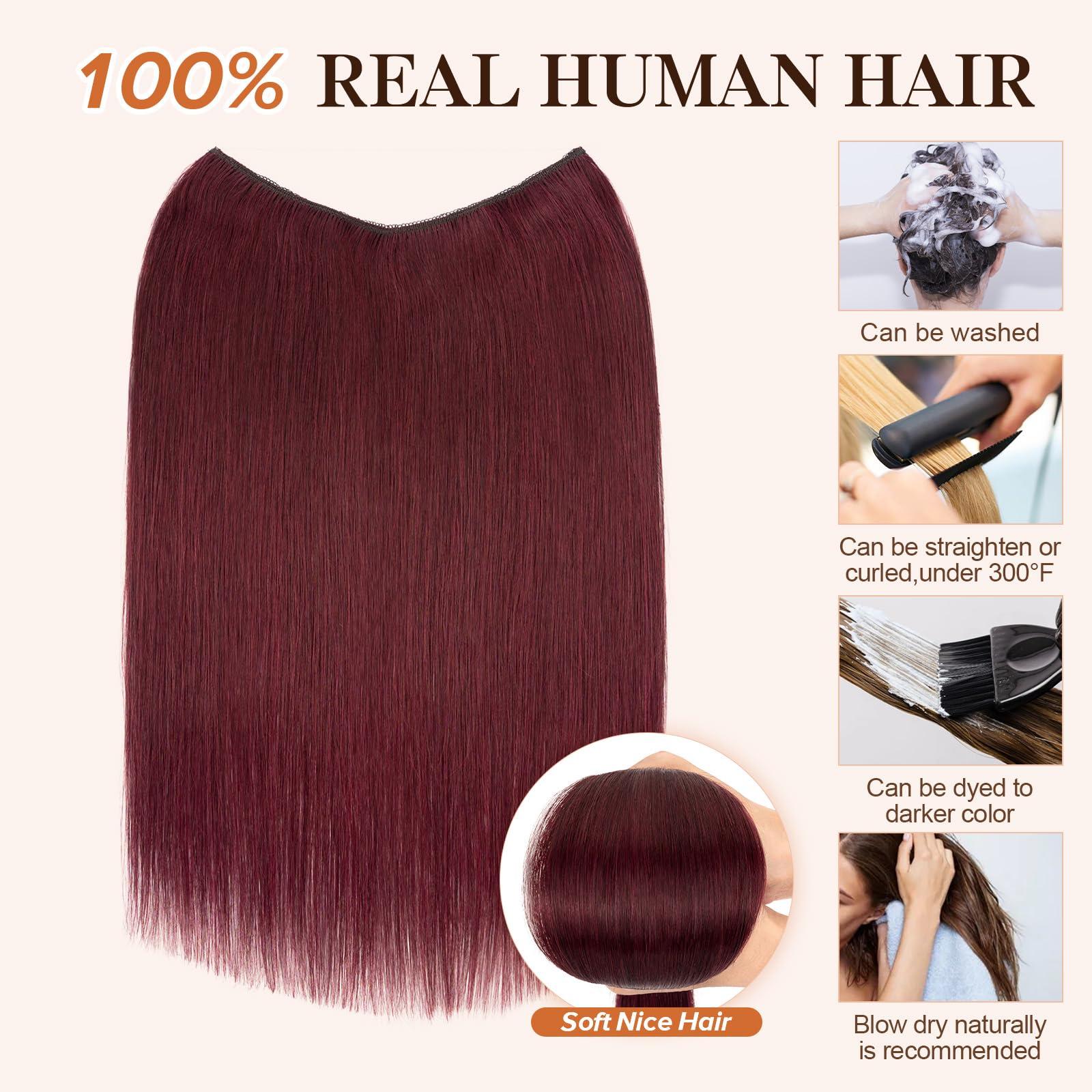 S-noilite Halo Hair Extensions Real Human Hair,S-noilite Halo Hair Extensions,Halo Hair Extension for Women,100% Human Hair Halo Extensions,Halo Hair 65g/18inch 99J Wine Red