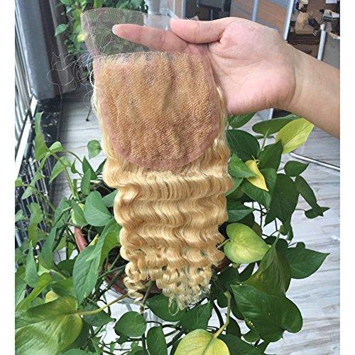 Ruma Hair Ruma Hair Blonde Deep Wave Peruvian Virgin Hair 3 Bundles With Closure Bleached Knots 4Pcs Lot Pure Color #613 Bleached Blonde Deep Curly Human Hair Weave With 4x4 Lace Closure (22 with 22 24 26)