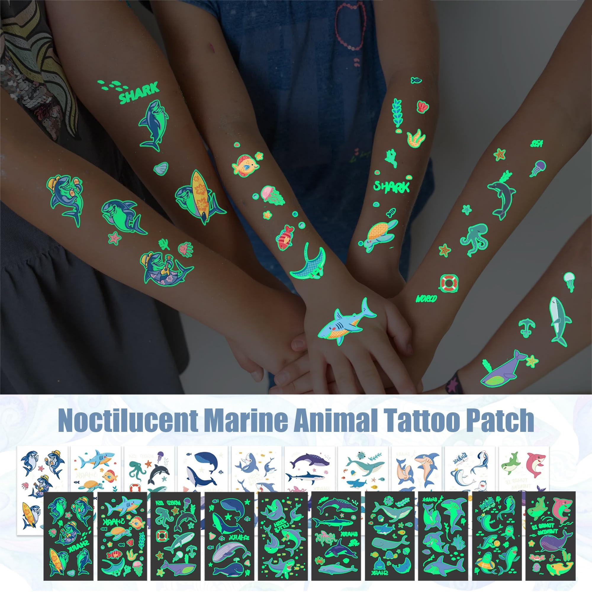 Ysqool 10 Sheets Luminous Shark Temporary Tattoos for Kids,Glow in the Dark Shark Fake Tattoos Stickers Ocean Animal Birthday Party Favors Supplies for Kids Boys Girls Birthday Gifts