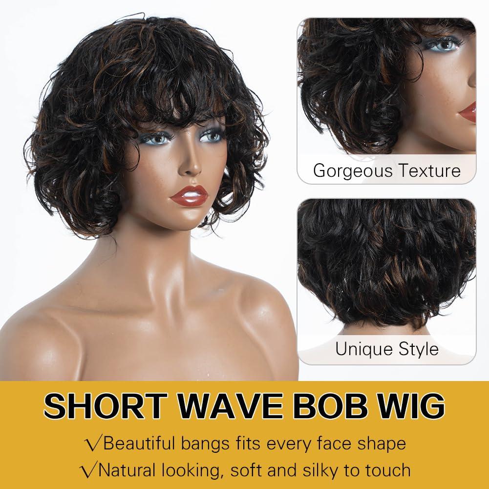 JOEDIR HAIR JOEDIR HAIR Short Curly Wave Bob Wig with Bangs Pixie Cut Human Hair for Women Short Curly Bangs Wigs Curly Bob Glueless Wig 150% Density (Black mixed Brown)