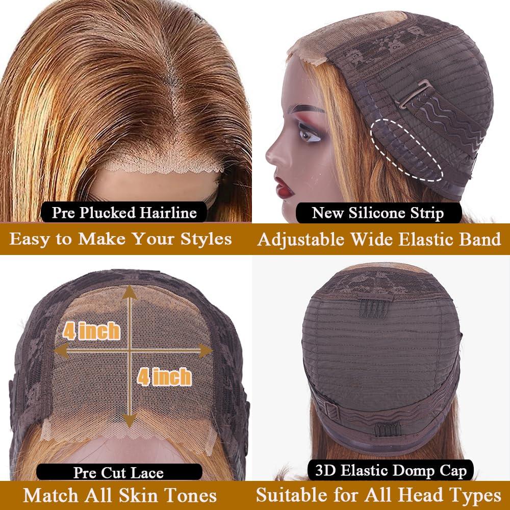swthebily Put On And Go Glueless Wigs Human Hair Pre Cut Ombre 4/27 Highlight Short Bob Wig Human Hair For Women 180 Density 4x4 Closure Straight HD Lace Front Wigs Human Hair Ready To Wear For Beginners 10inch