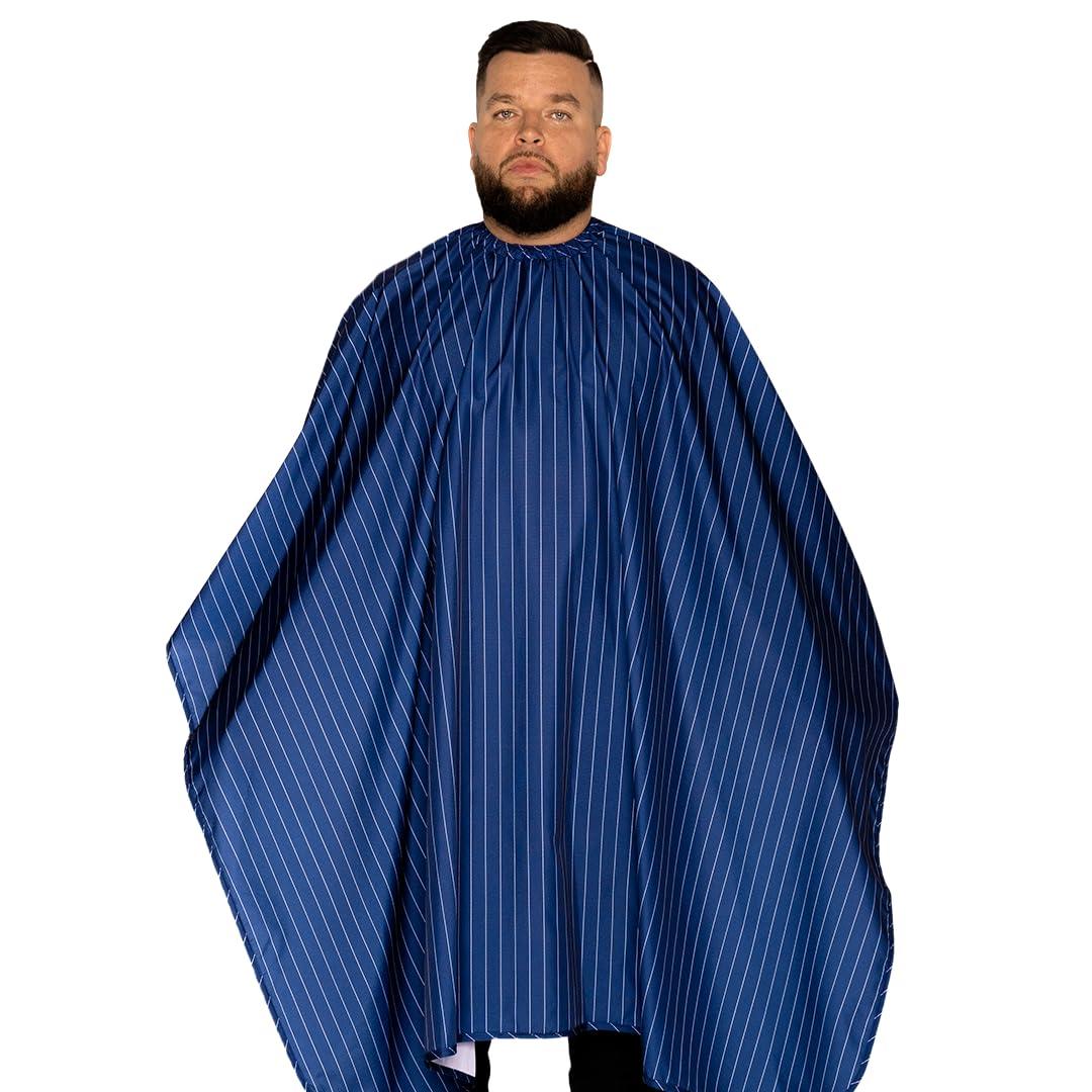 Barber Strong Barber Strong The Barber Cape Haircut Cover for Men, Hair Repelling and Static-Reducing Material, Flexible Elastic Neckband, Water Resistant Fabric, Oversized for Complete Coverage - Blue/White Stripe