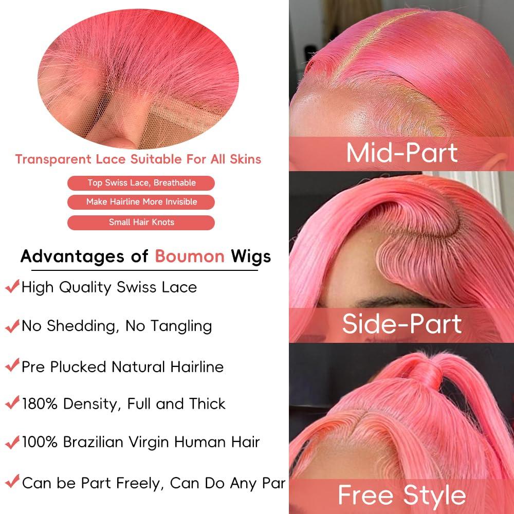 Boumon Pink Lace Front Wigs Human Hair Pre Plucked 200% Density Body Wave Pink Wig Human Hair 13x4 HD Lace Frontal Wig Pink Colored Human Hair Wig Glueless Wigs Human Hair 30 Inch