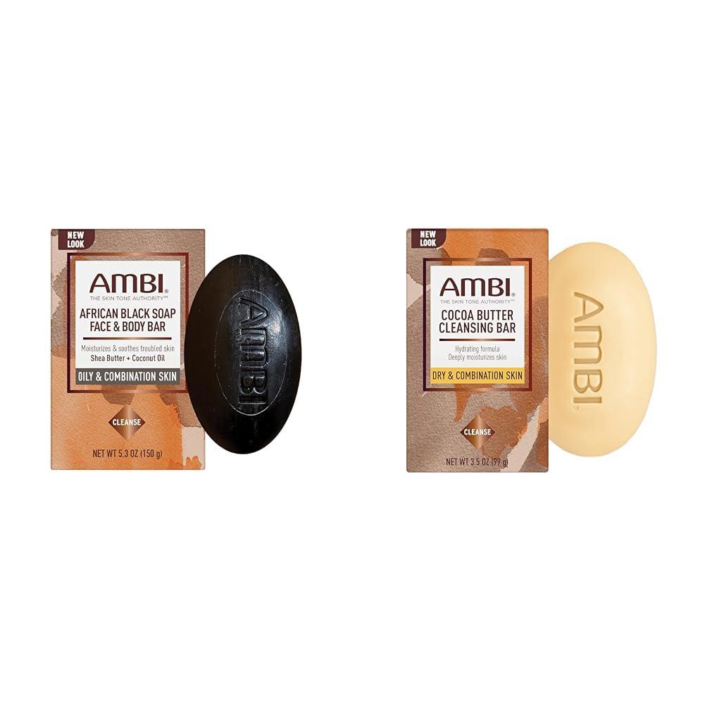 Ambi Ambi African Black Soap Face & Body Bar, 5.3 Ounce Cocoa Butter Cleansing Bar, 3.5 Ounce Skin Care Bundle