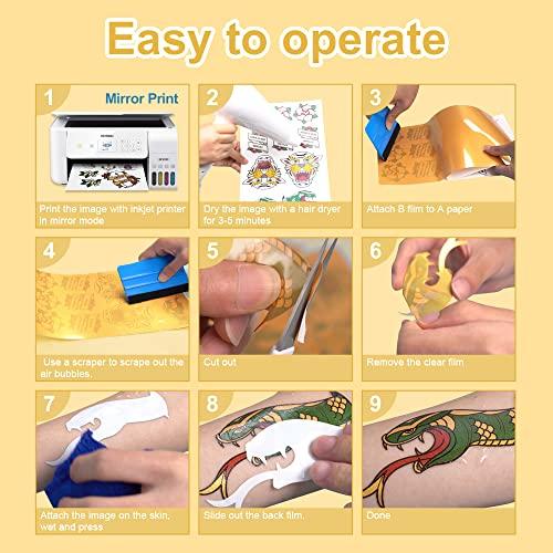 Stampcolour Stampcolour Printable Temporary Metallic Tattoo Paper for INKJET printer,Printable Engravable 8.5\"X11\" 30 Sheets DIY Personalized Waterproof Gold Tattoos Sticker for Skin Custom Cartoon Kids Tattoos