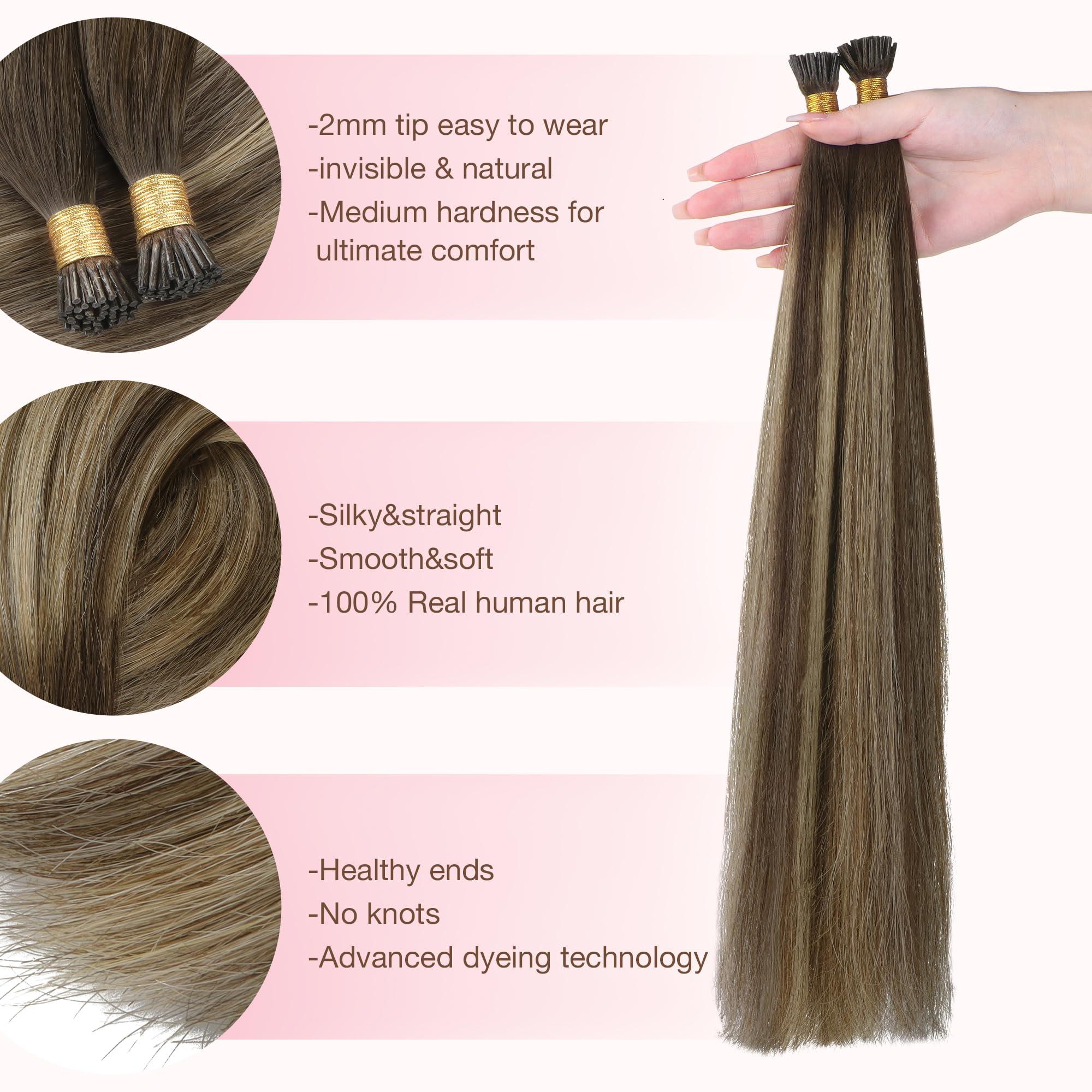 GOO GOO GOO GOO I Tip Hair Extensions Real Human Hair, 14inch 50g 100S, Cold Fusion I Tip Hair Extensions, Invisible Remy Hair Extensions, 4/26/4 Balayage Chocolate Brown to Honey Blonde