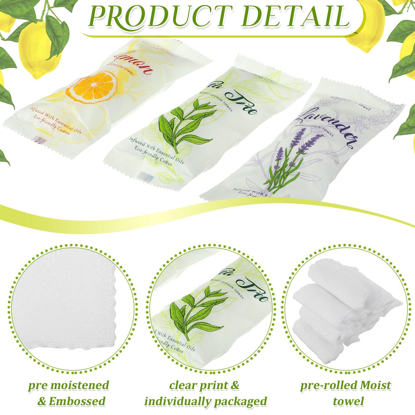 VitalCozy VitalCozy 240 Pcs Moist Cotton Towel Moist Towelettes Individually Wrapped Scent Disposable Face Towel 8.6\'\' x 8.6\'\' Hot/Cold Moistened Cleansing Wipes, Lemon Tea Tree and Lavender Scent (White)