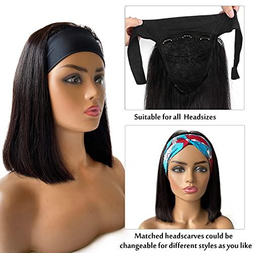 Ubetta Human Hair Headband Bob Wig Natural Black Short Bob Headband Wig for Black Women, Straight Human Hair Bob Wig with Headband Attached Headband Wig 180% Density 10 Inch Glueless None Lace Front Bob Wig