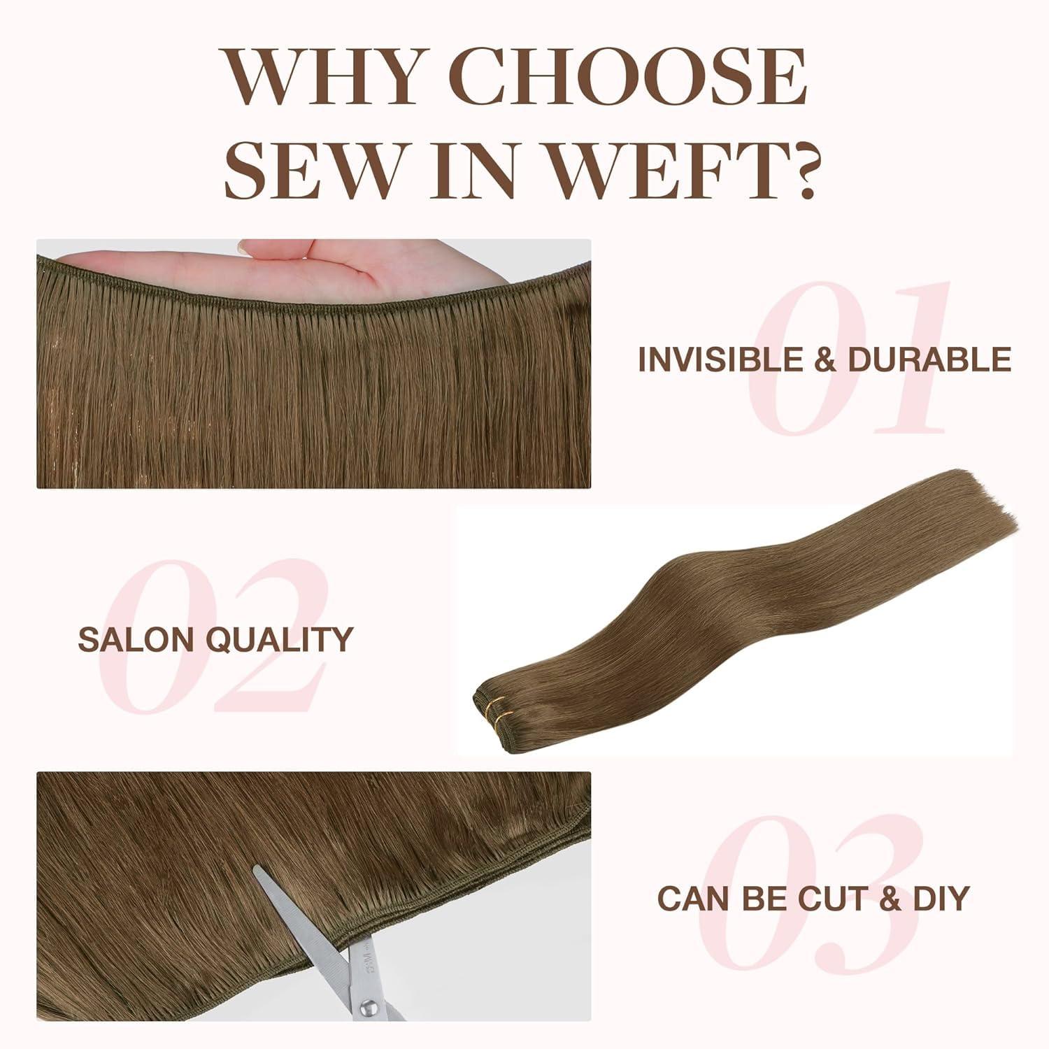 GOO GOO GOO GOO Sew in Hair Extensions Real Human Hair, Weft Hair Extensions Human Hair, 5 Light Ash Brown 22 Inch-110g, Weft Bundles Straight Silky Remy Hair