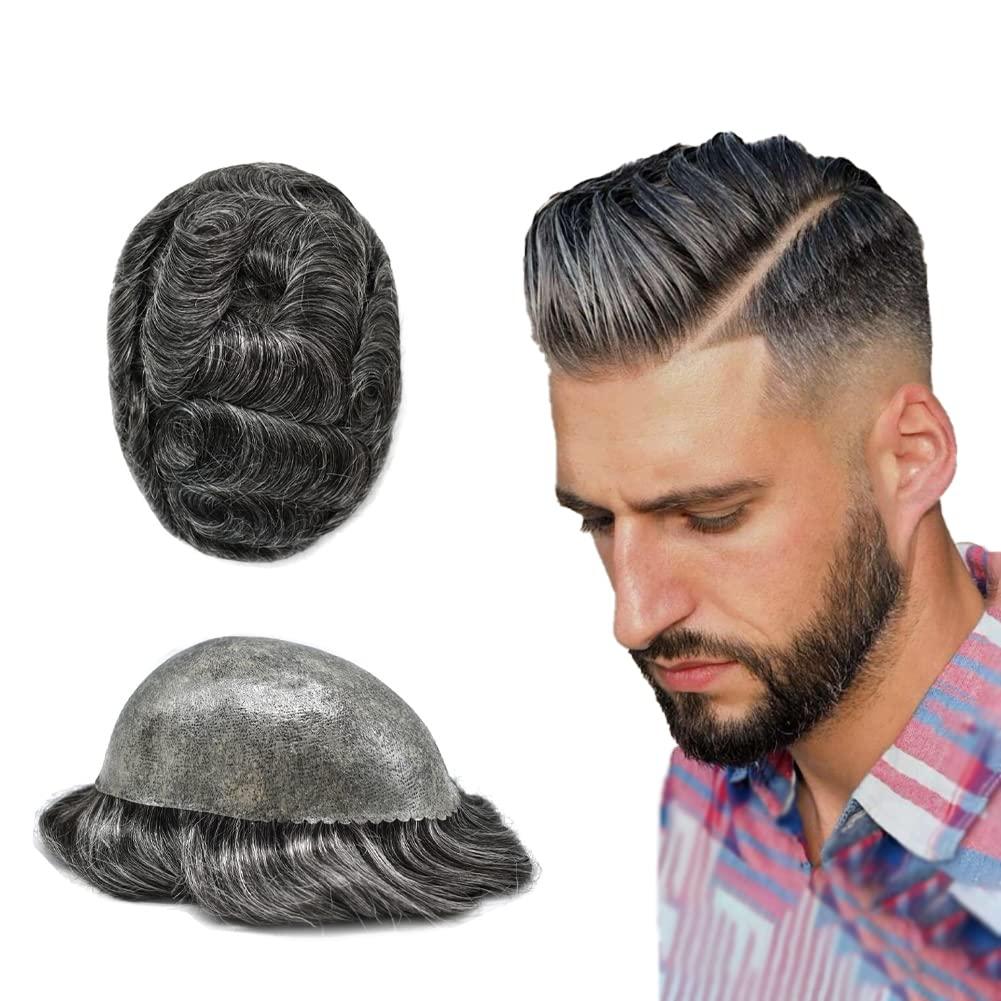 Generic Toupee for Men Hair Replcement System Mens Toupee Full Poly Thin Skin Human Hair Piece All PU Injection Toupee Hair Systems (8X10", 1B40 1B# OFF BLACK WITH 40% SYNTHETIC GREY)