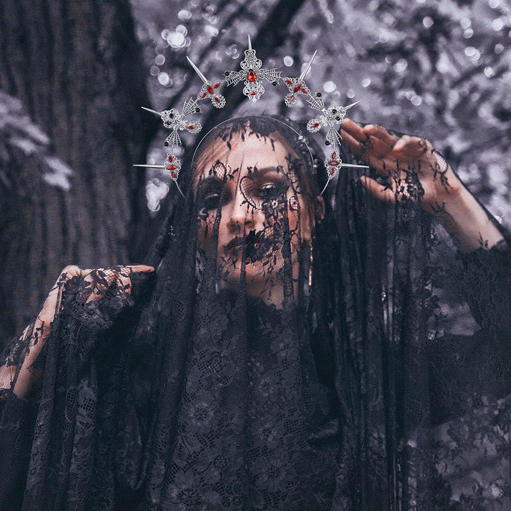 Formery Formery Spiked Halo Crown Silver Rhinestones Spider Halo Headpiece Halloween Festival Photo-shoot Crow Cross Halo Headband for Women and Girls