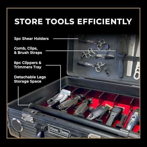 Mane Tame Professional Men\'s Grooming MANE TAME Barber Case - VIP Mobile Barber Station- Black - Includes (2) Bluetooth Speakers, TSA Locks, Removeable/Adjustable Legs