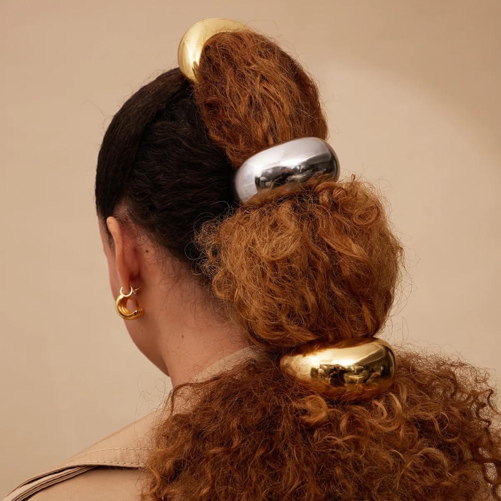 HONGJIANV Gold Hair Cuffs, Metal Hair Tie, Gold Ponytail Cuff, Gold Metal Geometric Elastic Hair Ties, Women\'S Glossy Double Arch Ponytail Hair Tie, Retro Temperament Headband (E)