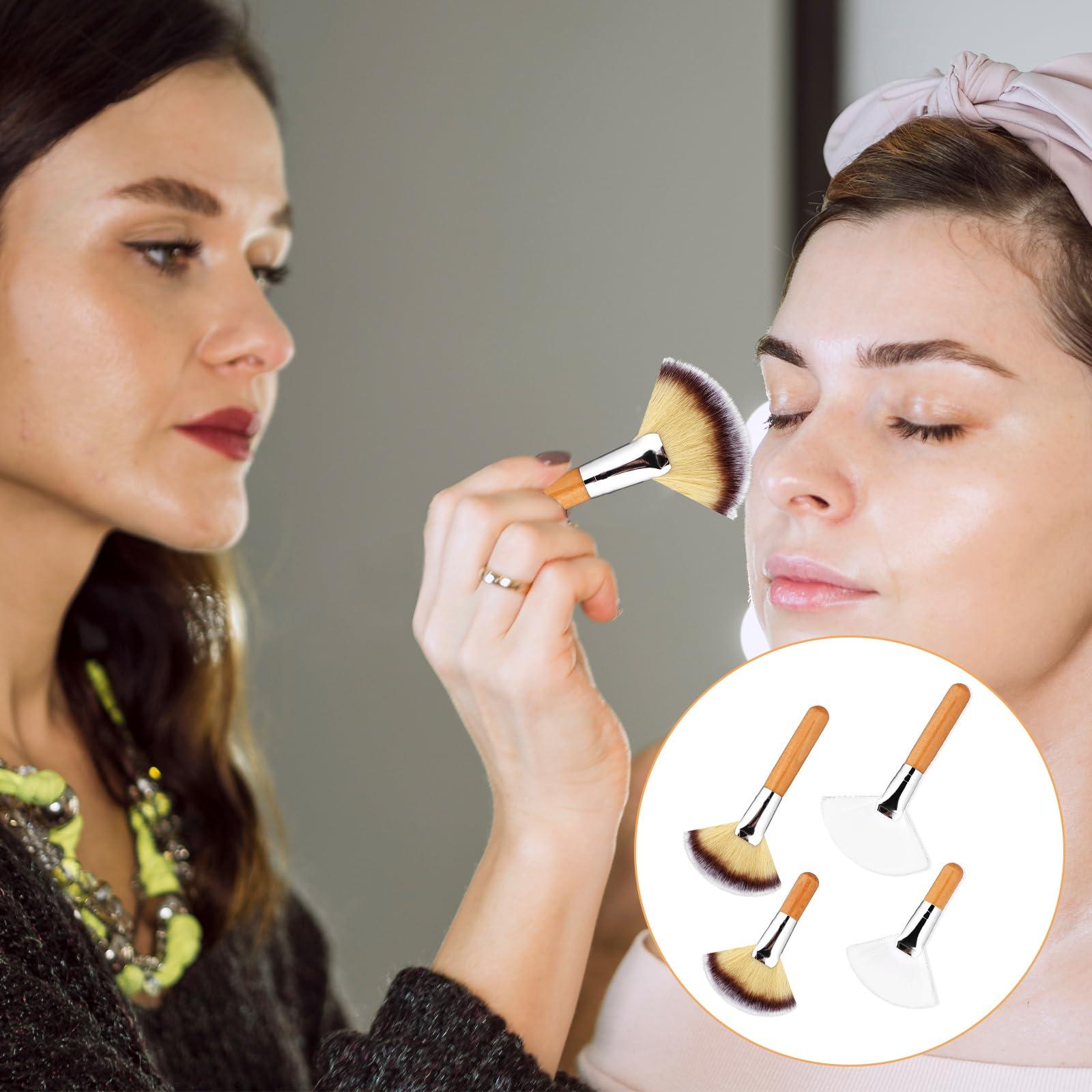 Xthrotsenk 4 Pcs Fan Brushes Facial Highlighting Make Up Brush Soft Bristle Blush Brush Esthetician Fluffy Fan Brushes Face Cosmetic Tools with Long and Short Handle for Women Loose Powder Blush