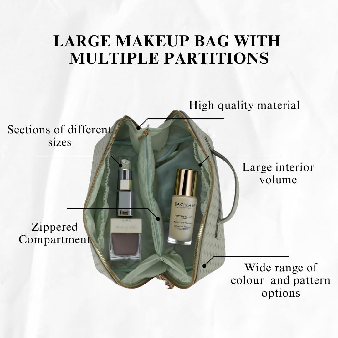 Generic Large Capacity Makeup Bag, PU Leather Makeup Bag Organizer, Toiletry Bag for Women, Travel Makeup Bag with divider, Cosmetic Bags for Women, Leather Waterproof Cosmetic Bag, Open Flat Design (Green)