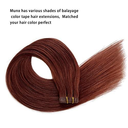 Munx Munx Real Hair Extension Dark Auburn Tape in Human Hair Extension 18inch 20pcs 40g Tape in Remy Silky Straight Natural Hair Extensions
