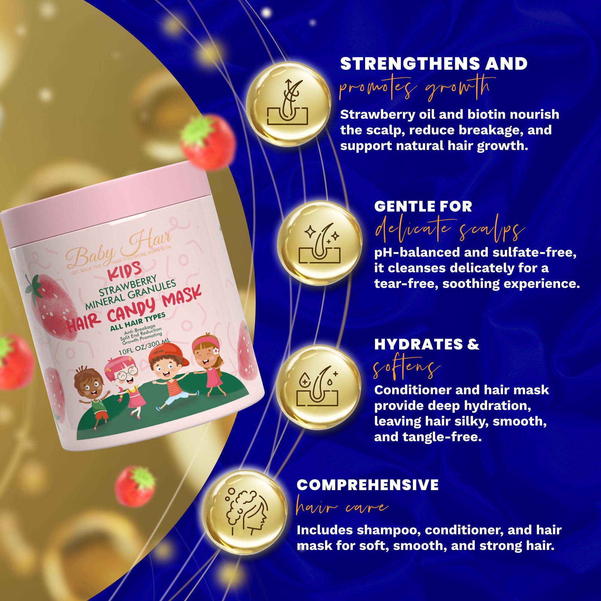 BABY HAIR Baby Hair - Strawberry Mineral Hair Candy Mask, Sulfate-Free Kids Hair Conditioner Mask, Hair Mask with Strawberry Oil, Camellia Oil, and Biotin, 10 fl.oz.