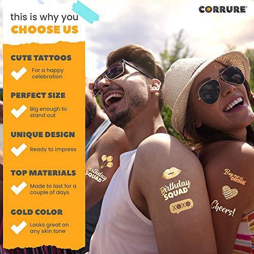 CORRURE CORRURE 48pcs Birthday Tattoos - Gold Temporary Tattoos Metallic for Women and Men - Happy Birthday Squad Tattoos for Girls, 18th 21st 25th 30th or Any Adult Bday - 11 Flash Party Tattoos