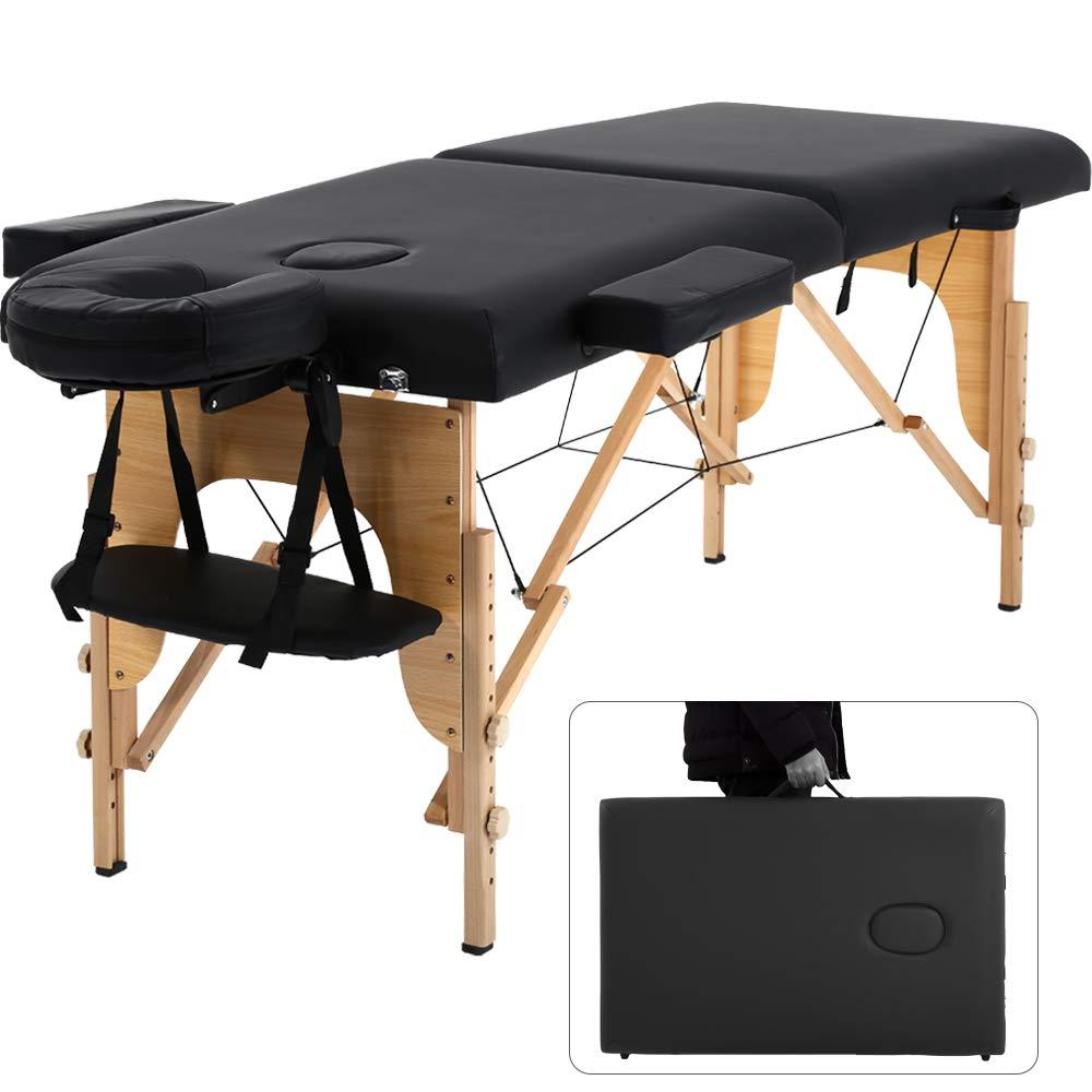 Dkelincs Portable Massage Table Massage Bed Folding 84 Inch Height Adjustable 2 Fold Lash Bed with Carry Case PU Leather Professional Spa Salon Tattoo Facial Bed with Face Cradle, Hold Up to 450Lbs, Black