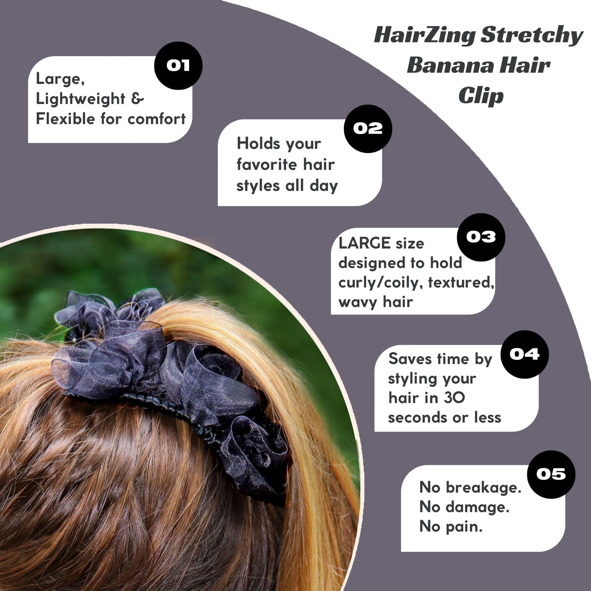 HairZing Stretch Banana Clip for Fine Thin, Thick Curly Hair Women, Elastic Double Combs Make Great Hair Accessories for Kinky, Curly Ponytail, Mohawk, Bun (Large, Black)