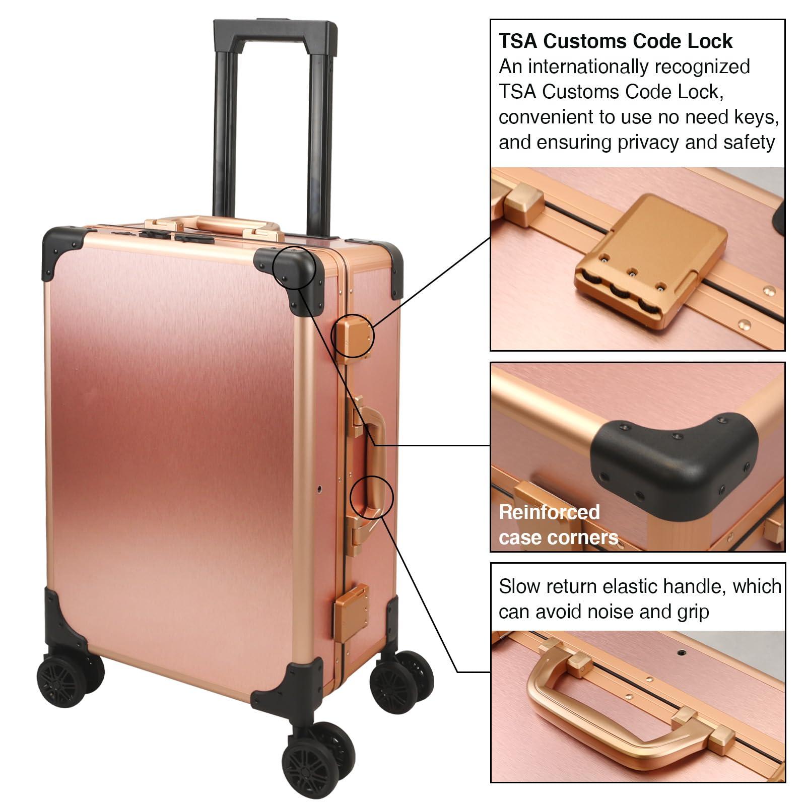 RUKEJUNE RUKEJUNE Rolling Makeup Case with LED Light Mirror Adjustable Legs Lockable Train Table Studio Artist Cosmetic Carry-on Size Rose Gold