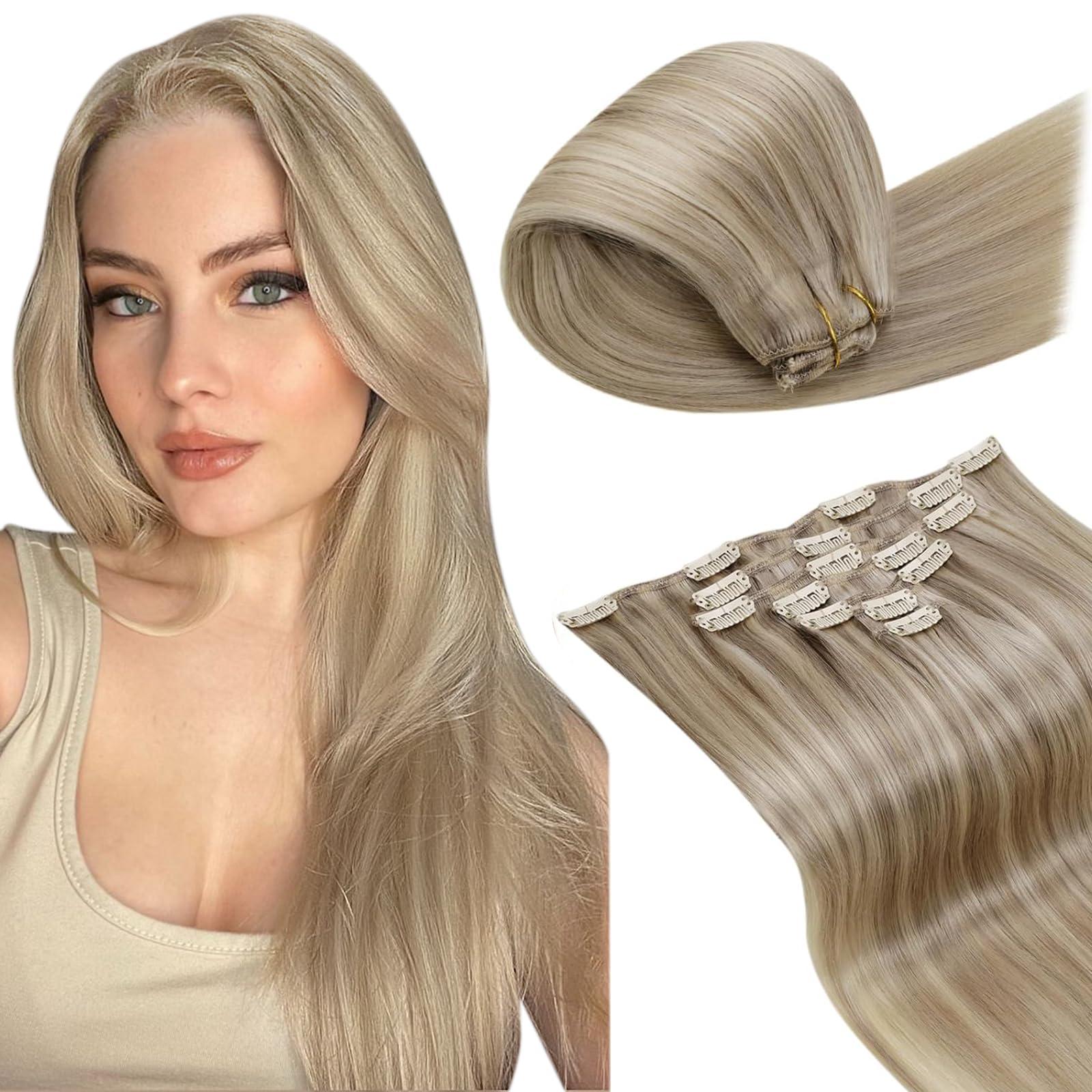 LaaVoo LaaVoo Human Hair Clip in Extensions Dark Ash Blonde Highlighted Light Blonde Clip in Hair Extensions Real Human Hair Highlight Blonde Clip in Hair Extensions Full Head 24 Inch 120g 7pcs