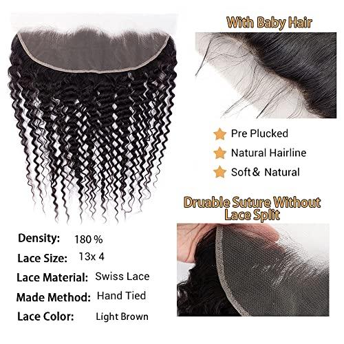 ROYAL IMPRESSION Deep Wave Ear To Ear 13x4 HD Lace Frontal Closure 100% Unprocessed Brazilian Virgin Human Hair Swiss Lace Frontal Closure 180% Density Brazilian Deep Curly Frontal Closures Natural Color (22 Inch)