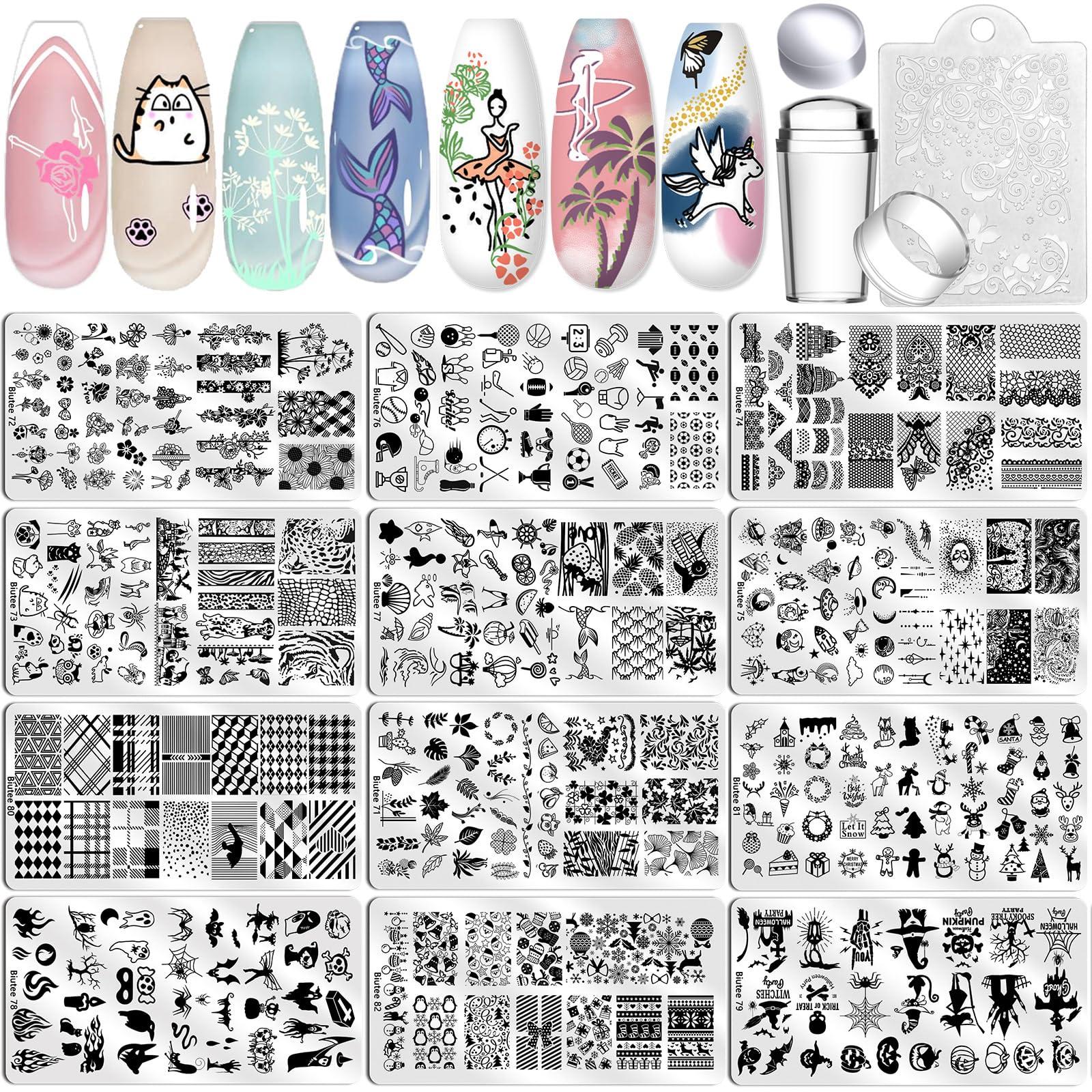 Biutee Biutee Nail Art Stamping Plate Set Nail Stamping Kit with Silicone Nail Stamper Flower Leaves Animal Lace Star Rose Holiday Design Nail Stamp Plate Valentine Nail Stamp Template
