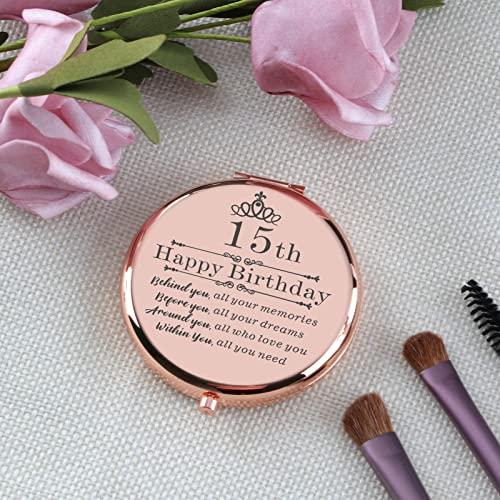 Cawnefil Cawnefil 15 Year Old Girls Gifts for Birthday Rose Gold Travel Compact Mirror 15th Birthday Gift Ideas for Teen Girl Daughter Niece Happy 15th Birthday Idea Gift