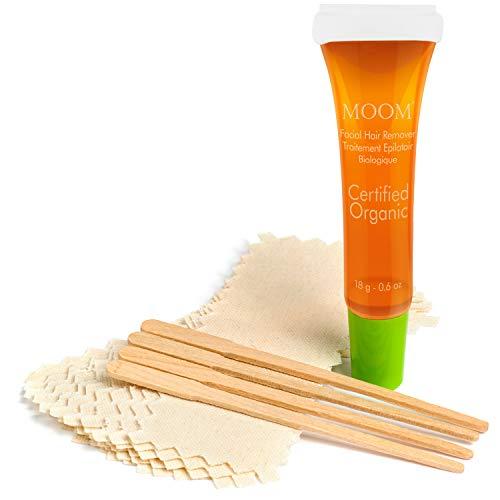 MOOM MOOM Organic Eyebrow Waxing Kit with Pomegranate Oil & Chamomile - Natural Sugar Hair Removal Glaze with 12 Reusable Strips & 4 Applicators for Sculpting 0.6 oz. 1 Pack