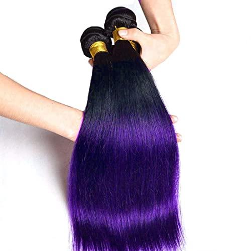 muaowig Purple Human Hair Bundles Ombre Hair Bundles Tow Tone Black to Purple Hair Extensions For Women Brazilian Remy Hair Bundles Purple Bundle 26 28 30 inch