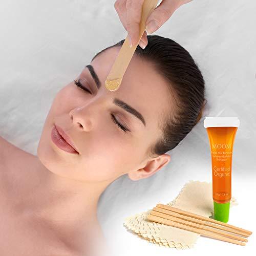 MOOM MOOM Organic Eyebrow Waxing Kit with Pomegranate Oil & Chamomile - Natural Sugar Hair Removal Glaze with 12 Reusable Strips & 4 Applicators for Sculpting 0.6 oz. 1 Pack