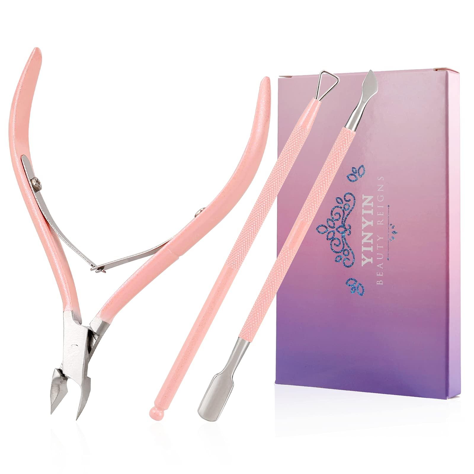 YINYIN Cuticle Trimmer with Cuticle Pusher and Cutter-YINYIN Cuticle Cutter Cuticle Nipper Professional Stainless Steel Cuticle Clippers Durable Pedicure Manicure Tools for Fingernails and Toenails (Pink)
